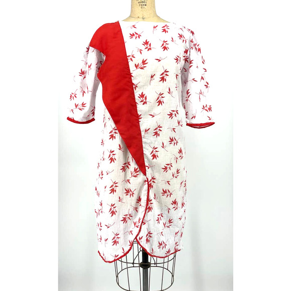Vintage White Red Cherry Blossom Print Asian Inspired Knee Dress Large - Picture 1 of 7